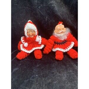 Vintage Handmade Crocheted Santa and Mrs. Claus Christmas Dolls With Vinyl Faces
